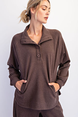 Espresso Rib Brushed Long Sleeve Button Collar Top/Pant Set