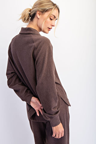 Espresso Rib Brushed Long Sleeve Button Collar Top/Pant Set