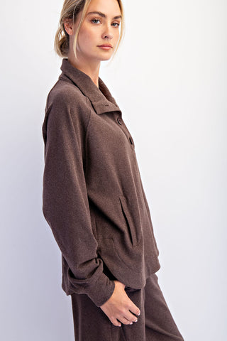 Espresso Rib Brushed Long Sleeve Button Collar Top/Pant Set