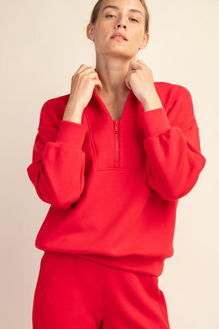 True Red Modal Scuba Luxe Half Zip Jacket/Cropped Wide Pant Set