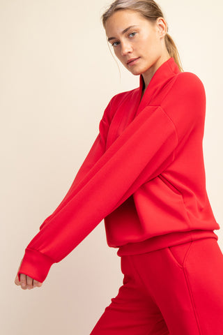 True Red Modal Scuba Luxe Half Zip Jacket/Cropped Wide Pant Set