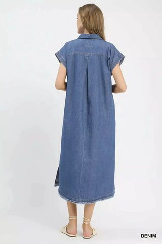 Stone Washed Collared Denim Midi Dress