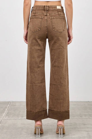 High Rise Straight Leg Jeans w/ Cuff Detail - Coffee