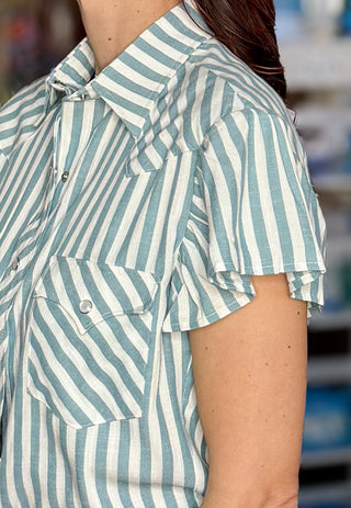 Flutter Sleeve Striped Button Up Top - 2 Colors!