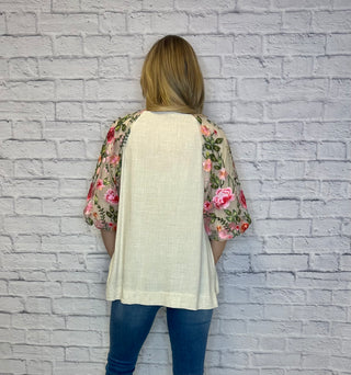 Linen Round Neck Top with Floral Embroidery 3/4 Lace Puff Sleeve
