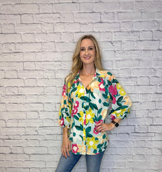 Floral Print Tunic Length 3/4 Sleeve Collared Button Up Top