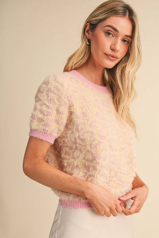 Fuzzy Leopard Short Sleeve Sweater