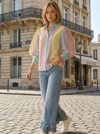 Multi-Striped Collared Puff Sleeve Button Up Top