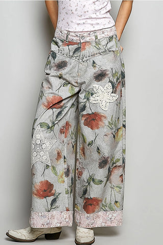 Oversized Crochet Patched Studded Floral Print Pants by POL Clothing
