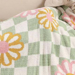 Checkered Floral Print Cozy Soft Sherpa Throw Blanket