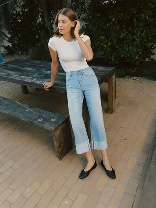 Olivia High Rise Cuffed Striped Crop Wide Jeans by Vervet