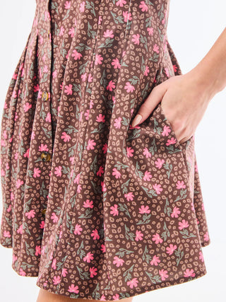 Brown Floral Corduroy Dress w/ Bubble Sleeves