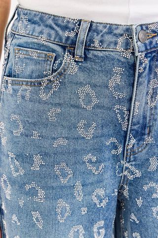 Rhinestone Cheetah Print High Rise Wide Leg Jeans