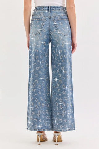 Rhinestone Cheetah Print High Rise Wide Leg Jeans