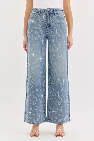 Rhinestone Cheetah Print High Rise Wide Leg Jeans