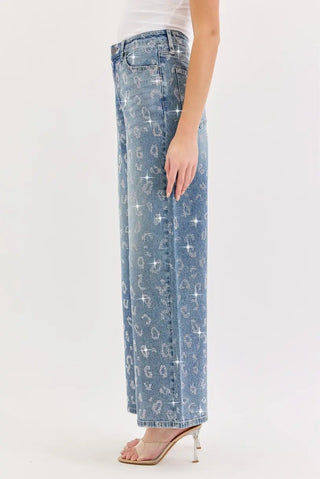 Rhinestone Cheetah Print High Rise Wide Leg Jeans