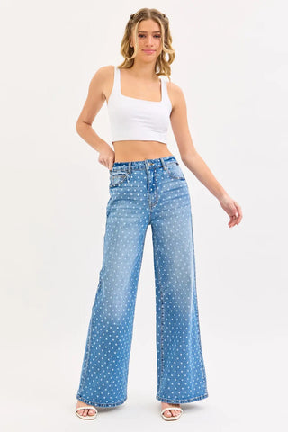 Dotted-Up High Rise Wide Leg Jeans
