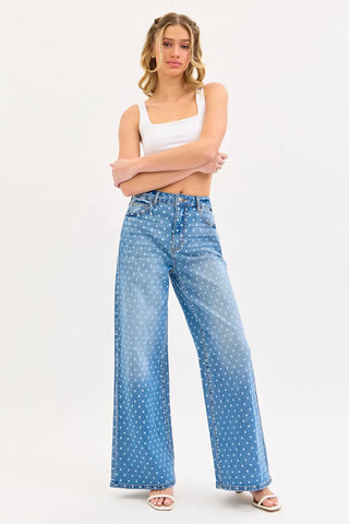 Dotted-Up High Rise Wide Leg Jeans