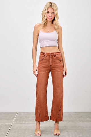 High Rise Straight Leg Jeans w/ Cuff Detail - Pumpkin