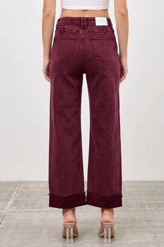 High Rise Straight Leg Jeans w/ Cuff Detail - Burgundy