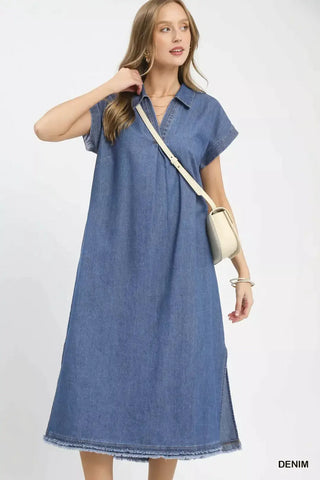 Stone Washed Collared Denim Midi Dress