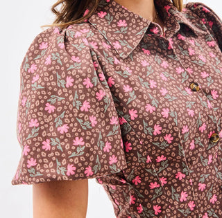 Brown Floral Corduroy Dress w/ Bubble Sleeves