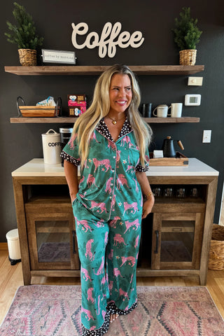 Pink Leopard Luxe PJ Set is a teal pajama set with animal prints.