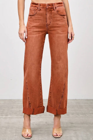 High Rise Straight Leg Jeans w/ Cuff Detail - Pumpkin