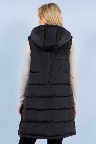 Long Black Puffer Vest w/ Hood