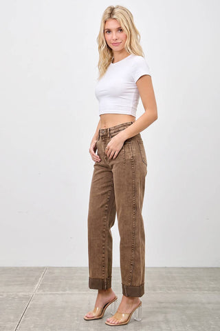 High Rise Straight Leg Jeans w/ Cuff Detail - Coffee