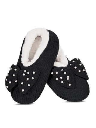 Precious Pearls Chenille Bow Accent Sherpa-Lined Slippers