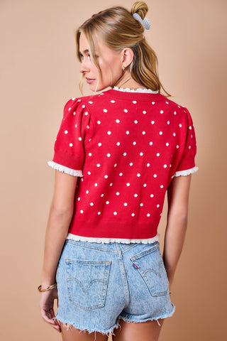 Polka-Dot Button Down Cardigan Top w/ Lettuce Hem