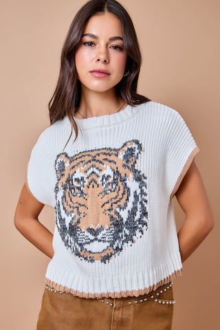 Tiger Intarsia Sweater Vest/Top w/ Contrast Edge
