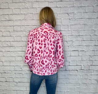 Pink Leopard Collared Button Down Boxy Cut Long Sleeve Top
