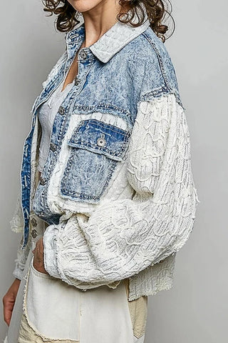 Denim Cable Knit Lace Patchwork Woven Long Sleeve Shirt Top by POL Clothing