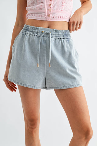 Light Wash Denim Drawstring Shorts w/ Side Buttons