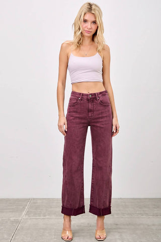 High Rise Straight Leg Jeans w/ Cuff Detail - Burgundy