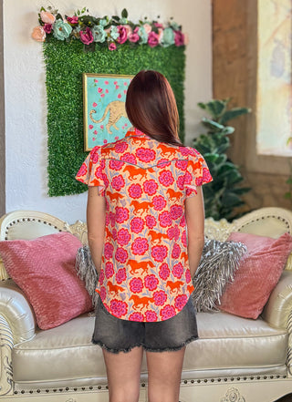 Wild Bloom Flutter Sleeve Button Up Top
