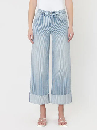 Olivia High Rise Cuffed Striped Crop Wide Jeans by Vervet