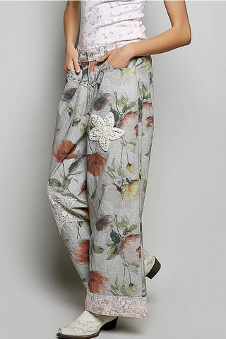 Oversized Crochet Patched Studded Floral Print Pants by POL Clothing