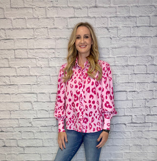 Pink Leopard Collared Button Down Boxy Cut Long Sleeve Top
