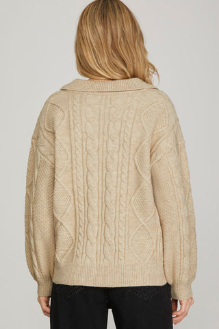 Light Taupe Long Sleeve Cable Knit Sweater w/ Collar