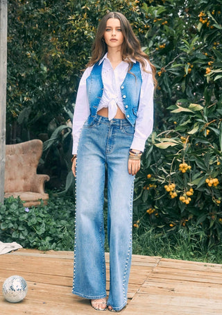 Pearl Accented High-Rise Wide Leg Jeans