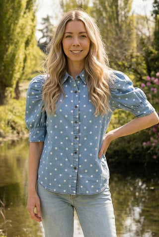 Polka Dot Collared Puff Sleeve Button Up Top