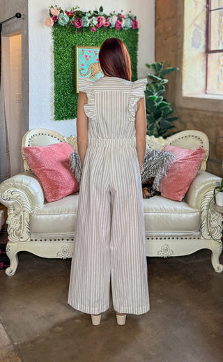 Striped Wide-Leg Ruffled Jumpsuit w/ Self-Tie Belt