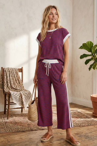 Lightweight Ribbed Striped Pant Set - Red, White, Blue