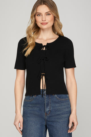 Short Sleeve Tie Front Sweater Cardigan