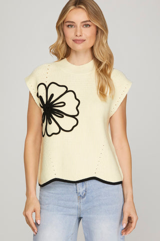 Drop Shoulder Floral Scallop Hem Sweater Top