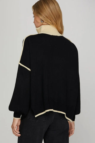 Black 1/4 Zip Collared Sweater w/ Ivory Trim
