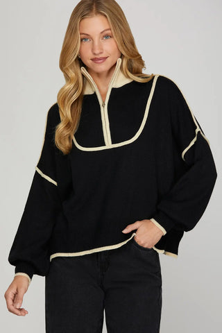 Black 1/4 Zip Collared Sweater w/ Ivory Trim